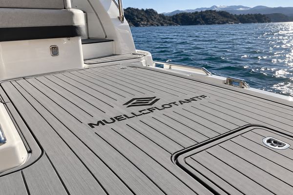 Simulación de piso EVA gris claro con el logo «Muelle Flotante» grabado