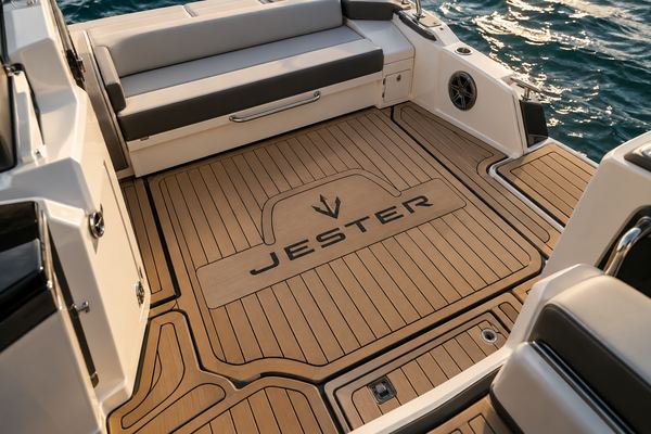 Simulación de piso EVA café claro con el logo «Jester» grabado